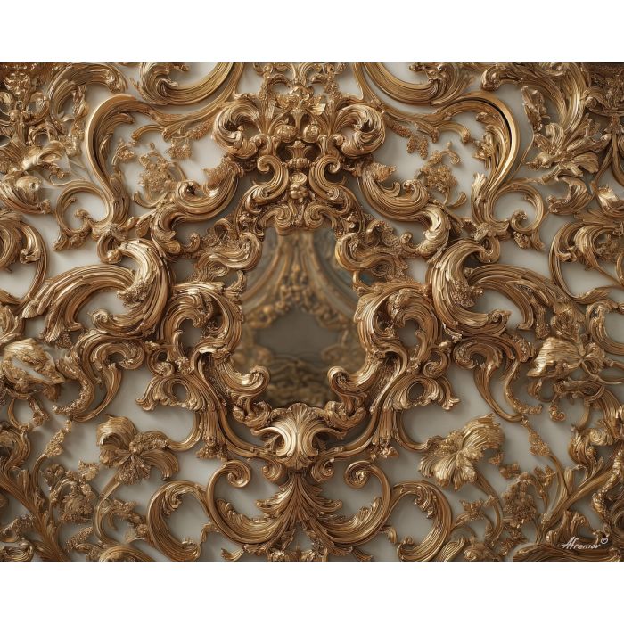 a, wall, of, mirrors, framed, with, florid, gilded, rococo style, pastel tones, ornate decoration, gilded curves, floral motifs, 18th century aesthetic, elegant detailing, asymmetry, soft lighting, decorative art