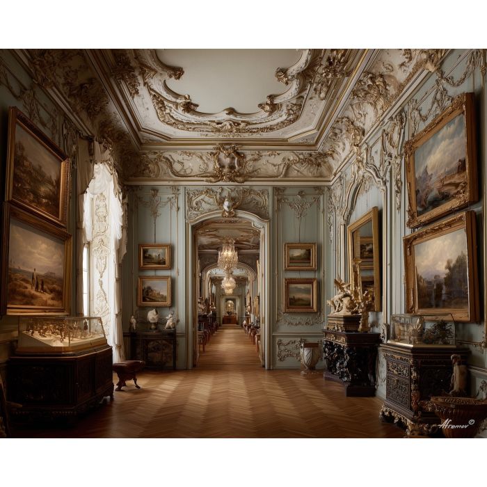 an, art, gallery, framed, by, lavish, rococo, ornamentation, rococo style, pastel tones, ornate decoration, gilded curves, floral motifs, 18th century aesthetic, elegant detailing, asymmetry, soft lighting, decorative art