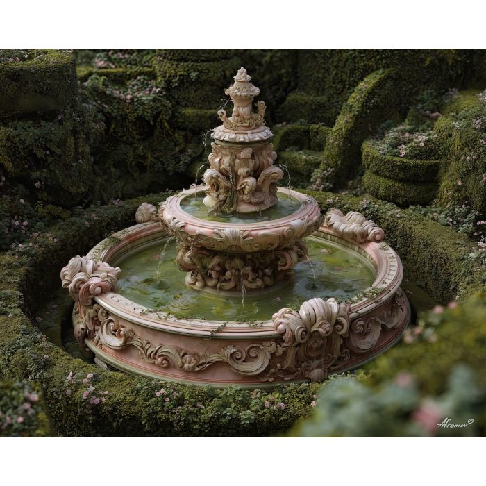 a, sculpted, fountain, surrounded, by, soft, pastel, greenery, rococo style, pastel tones, ornate decoration, gilded curves, floral motifs, 18th century aesthetic, elegant detailing, asymmetry, soft lighting, decorative art