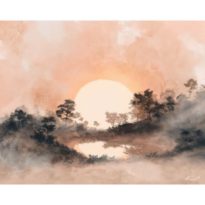 a, sunrise, hollow, bathed, in, soft, peach, light, watercolor landscape, soft washes, pastel hues, natural scenery, gentle gradients, outdoor painting, light texture, soft foreground, distant horizon, atmospheric depth