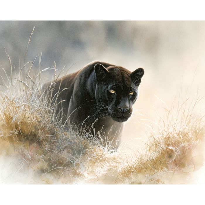 a, luminous, panther, in, a, natural, setting, painted, soft washes, pastel hues, natural flow, gentle gradients, atmospheric depth, textural blending, organic motion, diffused light, fine pigments, layered tones