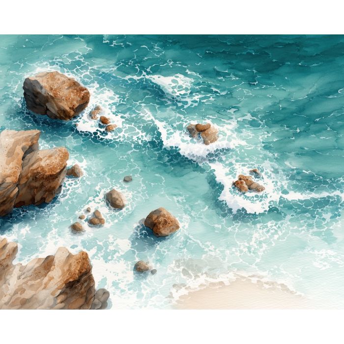 a, breezy, coastline, dotted, with, rocks, and, drifting, watercolor landscape, soft washes, pastel hues, natural scenery, gentle gradients, outdoor painting, light texture, soft foreground, distant horizon, atmospheric depth