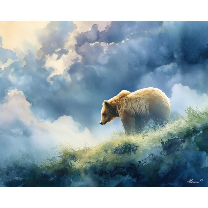 a, stormy, bear, in, a, natural, setting, painted, soft washes, pastel hues, natural flow, gentle gradients, atmospheric depth, textural blending, organic motion, diffused light, fine pigments, layered tones