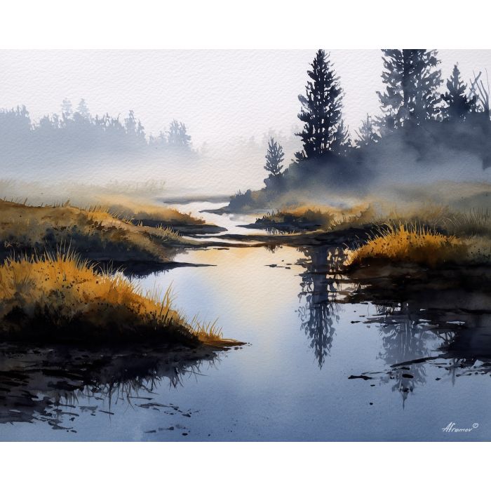 a, luminous, marsh, glowing, with, subtle, reflections, watercolor landscape, soft washes, pastel hues, natural scenery, gentle gradients, outdoor painting, light texture, soft foreground, distant horizon, atmospheric depth