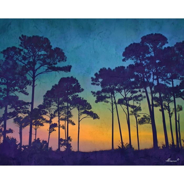 a, stand, of, twilight, pines, glowing, under, fading, watercolor landscape, soft washes, pastel hues, natural scenery, gentle gradients, outdoor painting, light texture, soft foreground, distant horizon, atmospheric depth