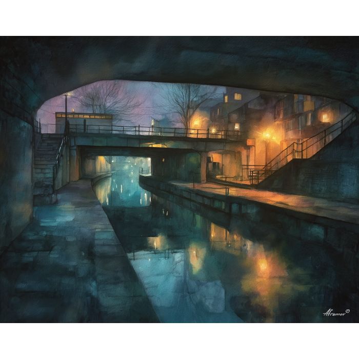 an, urban, view, of, a, nocturnal, canal, rendered, soft washes, pastel hues, natural flow, gentle gradients, atmospheric depth, textural blending, organic motion, diffused light, fine pigments, layered tones