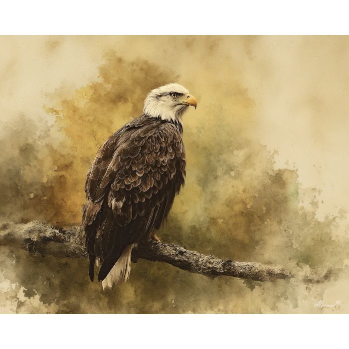 a, quiet, eagle, in, a, natural, setting, painted, soft washes, pastel hues, natural flow, gentle gradients, atmospheric depth, textural blending, organic motion, diffused light, fine pigments, layered tones