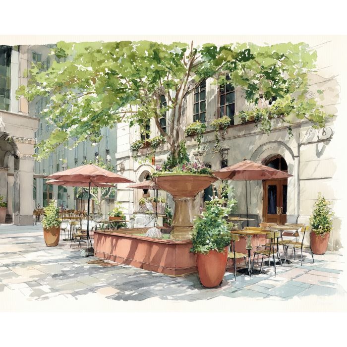 an, urban, view, of, a, serene, plaza, rendered, soft washes, pastel hues, natural flow, gentle gradients, atmospheric depth, textural blending, organic motion, diffused light, fine pigments, layered tones