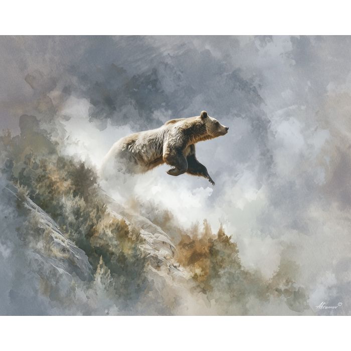 a, soaring, bear, in, a, natural, setting, painted, soft washes, pastel hues, natural flow, gentle gradients, atmospheric depth, textural blending, organic motion, diffused light, fine pigments, layered tones