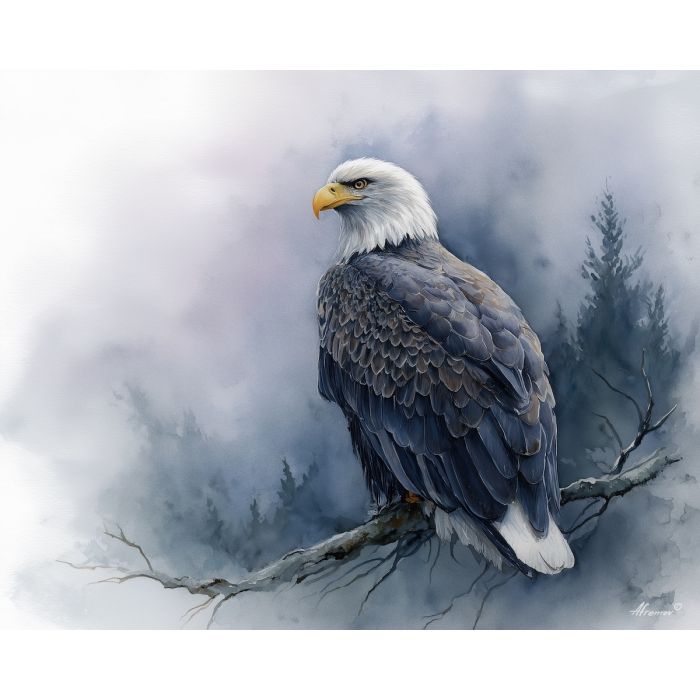 a, stormy, eagle, in, a, natural, setting, painted, soft washes, pastel hues, natural flow, gentle gradients, atmospheric depth, textural blending, organic motion, diffused light, fine pigments, layered tones