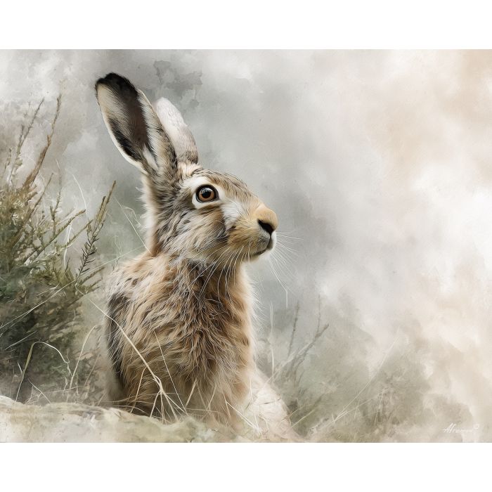 a, gentle, hare, in, a, natural, setting, painted, soft washes, pastel hues, natural flow, gentle gradients, atmospheric depth, textural blending, organic motion, diffused light, fine pigments, layered tones