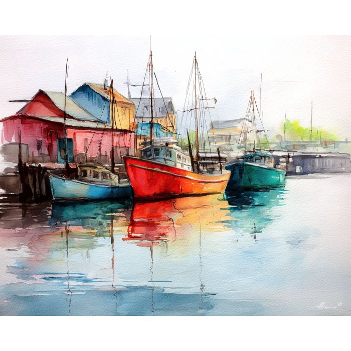 a, peaceful, harbor, with, boats, resting, in, still, watercolor landscape, soft washes, pastel hues, natural scenery, gentle gradients, outdoor painting, light texture, soft foreground, distant horizon, atmospheric depth