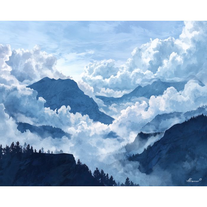 a, mountain, overlook, framed, by, drifting, clouds, watercolor landscape, soft washes, pastel hues, natural scenery, gentle gradients, outdoor painting, light texture, soft foreground, distant horizon, atmospheric depth