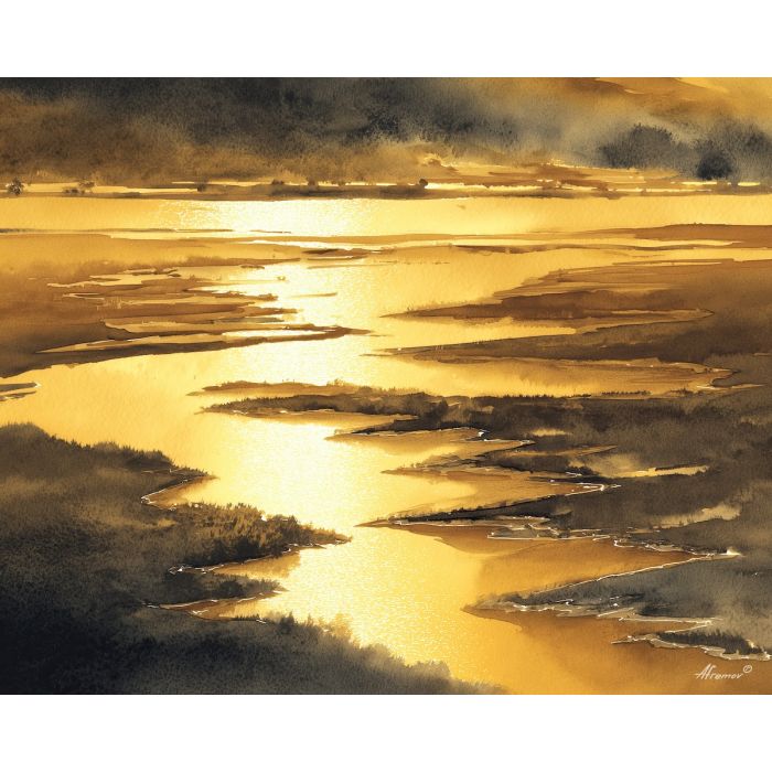 a, golden, estuary, shimmering, under, late-day, sun, watercolor landscape, soft washes, pastel hues, natural scenery, gentle gradients, outdoor painting, light texture, soft foreground, distant horizon, atmospheric depth
