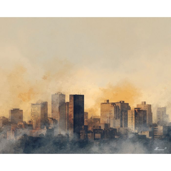 an, urban, view, of, a, old, skyline, rendered, soft washes, pastel hues, natural flow, gentle gradients, atmospheric depth, textural blending, organic motion, diffused light, fine pigments, layered tones