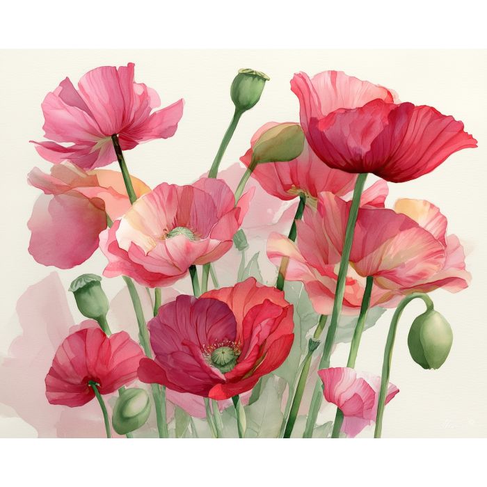 a, composition, of, lush, poppy, arranged, in, graceful, soft washes, pastel hues, natural flow, gentle gradients, atmospheric depth, textural blending, organic motion, diffused light, fine pigments, layered tones