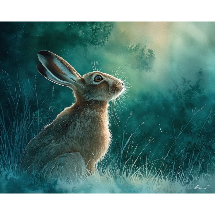 a, luminous, hare, in, a, natural, setting, painted, soft washes, pastel hues, natural flow, gentle gradients, atmospheric depth, textural blending, organic motion, diffused light, fine pigments, layered tones
