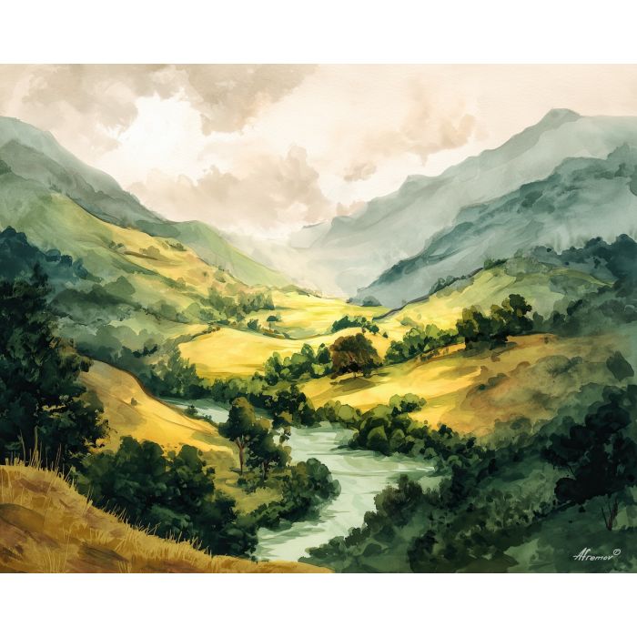 a, sunlit, valley, painted, with, soft, gold, and, watercolor landscape, soft washes, pastel hues, natural scenery, gentle gradients, outdoor painting, light texture, soft foreground, distant horizon, atmospheric depth