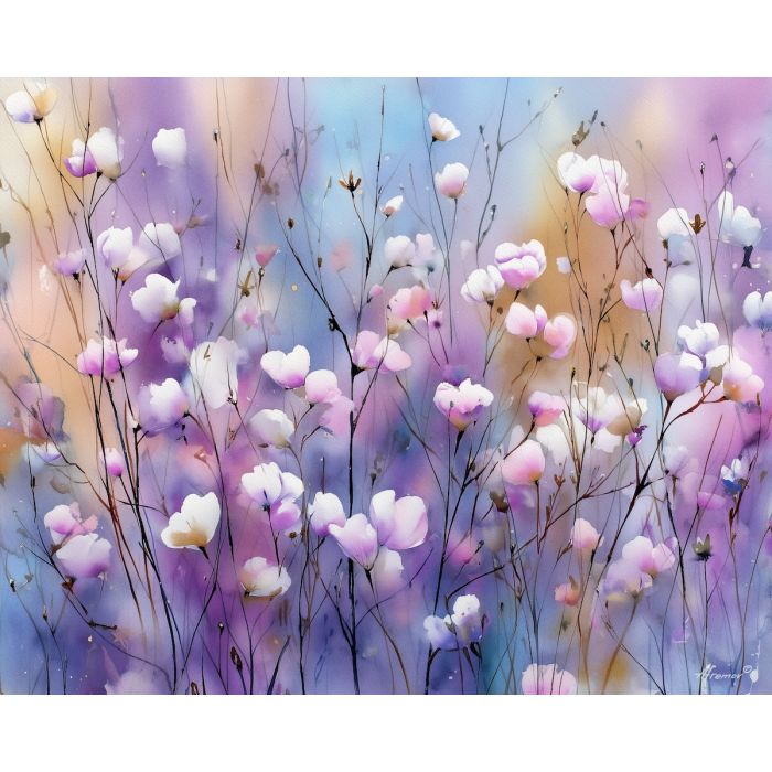 a, field, of, blossoms, swaying, in, soft, watercolor, watercolor landscape, soft washes, pastel hues, natural scenery, gentle gradients, outdoor painting, light texture, soft foreground, distant horizon, atmospheric depth