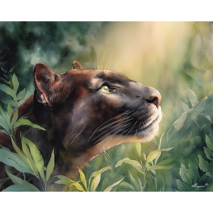 a, amber, panther, in, a, natural, setting, painted, soft washes, pastel hues, natural flow, gentle gradients, atmospheric depth, textural blending, organic motion, diffused light, fine pigments, layered tones