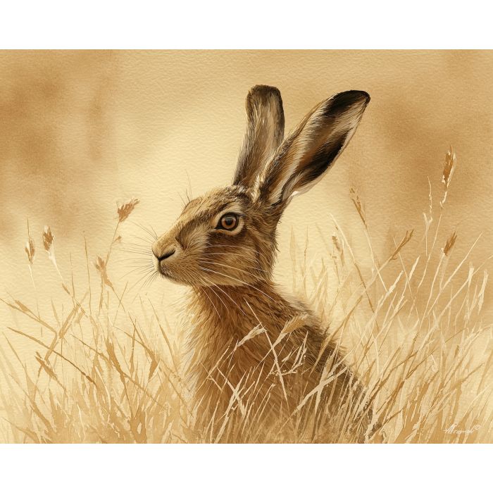 a, amber, hare, in, a, natural, setting, painted, soft washes, pastel hues, natural flow, gentle gradients, atmospheric depth, textural blending, organic motion, diffused light, fine pigments, layered tones