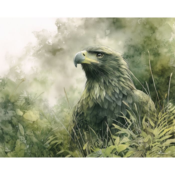 a, verdant, eagle, in, a, natural, setting, painted, soft washes, pastel hues, natural flow, gentle gradients, atmospheric depth, textural blending, organic motion, diffused light, fine pigments, layered tones