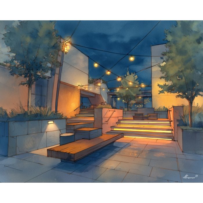 an, urban, view, of, a, nocturnal, plaza, rendered, soft washes, pastel hues, natural flow, gentle gradients, atmospheric depth, textural blending, organic motion, diffused light, fine pigments, layered tones