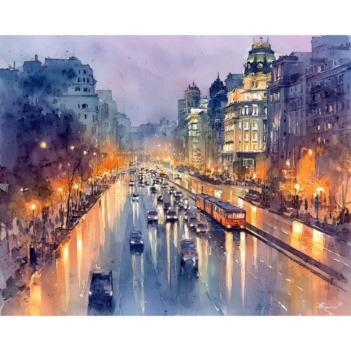 an, urban, view, of, a, evening, boulevard, rendered, soft washes, pastel hues, natural flow, gentle gradients, atmospheric depth, textural blending, organic motion, diffused light, fine pigments, layered tones