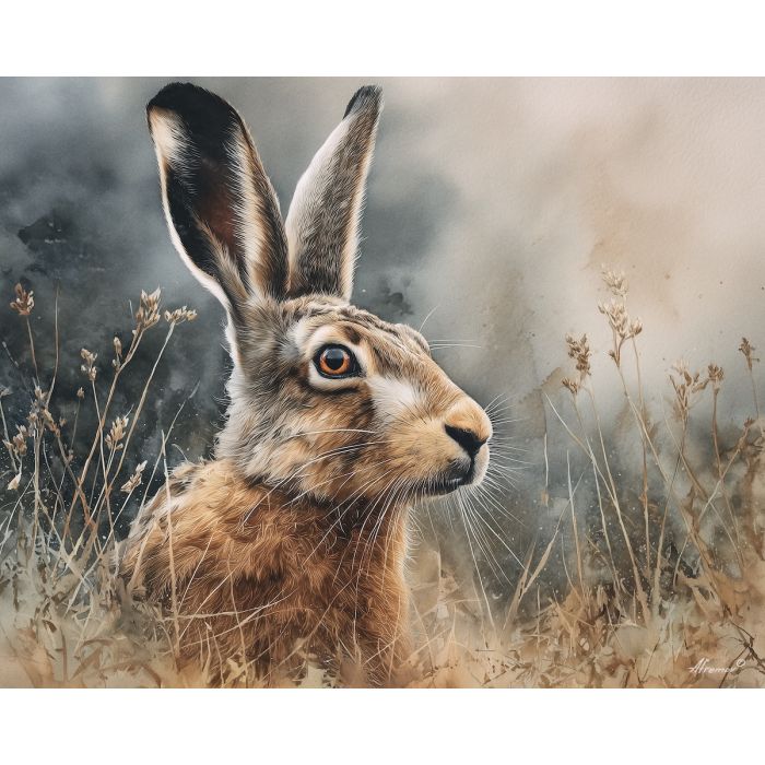 a, wild, hare, in, a, natural, setting, painted, soft washes, pastel hues, natural flow, gentle gradients, atmospheric depth, textural blending, organic motion, diffused light, fine pigments, layered tones