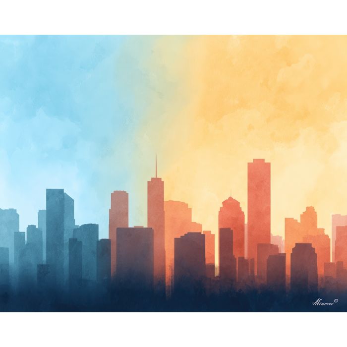 an, urban, view, of, a, sunlit, skyline, rendered, soft washes, pastel hues, natural flow, gentle gradients, atmospheric depth, textural blending, organic motion, diffused light, fine pigments, layered tones