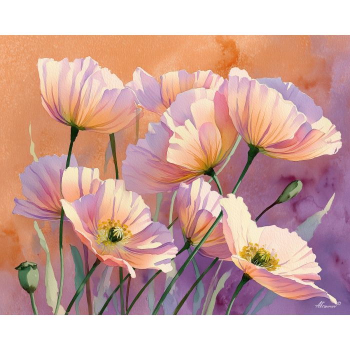a, composition, of, pastel, poppy, arranged, in, graceful, soft washes, pastel hues, natural flow, gentle gradients, atmospheric depth, textural blending, organic motion, diffused light, fine pigments, layered tones