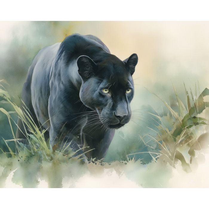 a, wild, panther, in, a, natural, setting, painted, soft washes, pastel hues, natural flow, gentle gradients, atmospheric depth, textural blending, organic motion, diffused light, fine pigments, layered tones