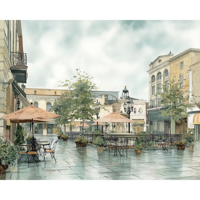 an, urban, view, of, a, quiet, plaza, rendered, soft washes, pastel hues, natural flow, gentle gradients, atmospheric depth, textural blending, organic motion, diffused light, fine pigments, layered tones