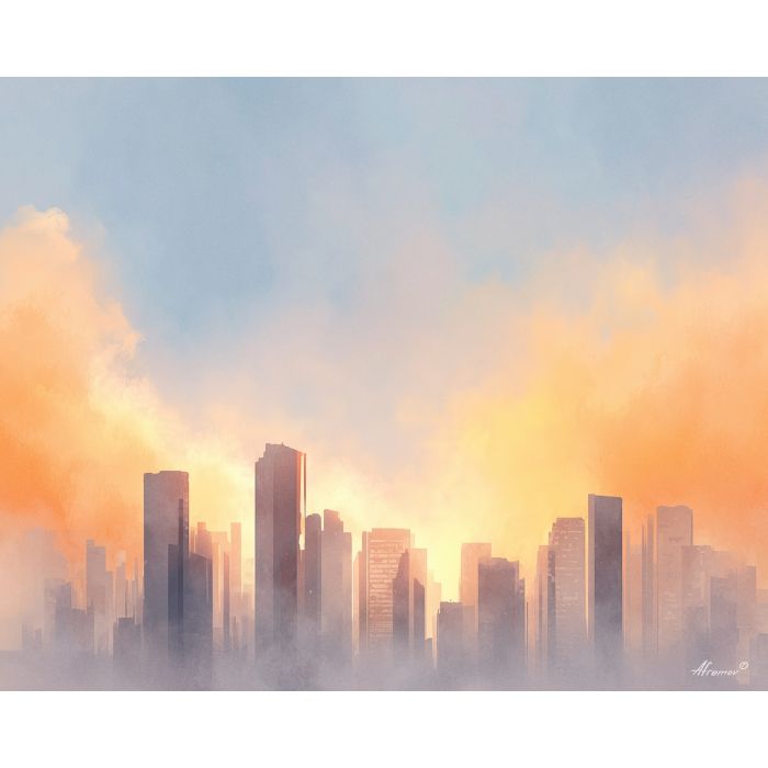 an, urban, view, of, a, gentle, skyline, rendered, soft washes, pastel hues, natural flow, gentle gradients, atmospheric depth, textural blending, organic motion, diffused light, fine pigments, layered tones