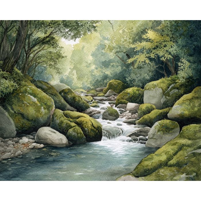 a, tranquil, stream, winding, between, mossy, stones, watercolor landscape, soft washes, pastel hues, natural scenery, gentle gradients, outdoor painting, light texture, soft foreground, distant horizon, atmospheric depth