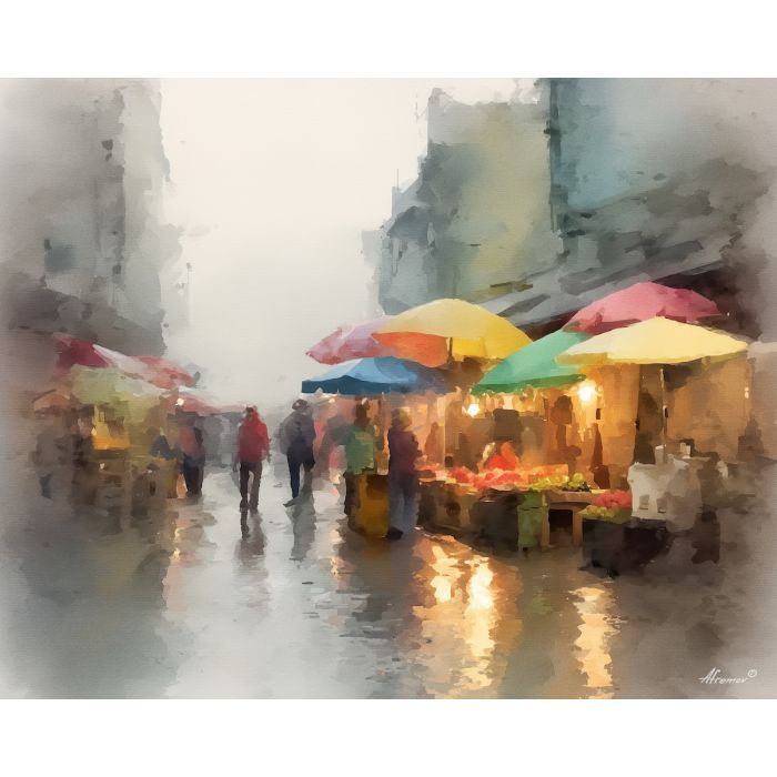 an, urban, view, of, a, rainy, market, rendered, soft washes, pastel hues, natural flow, gentle gradients, atmospheric depth, textural blending, organic motion, diffused light, fine pigments, layered tones