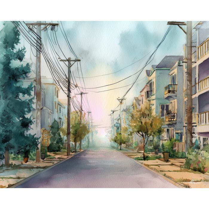 an, urban, view, of, a, quiet, boulevard, rendered, soft washes, pastel hues, natural flow, gentle gradients, atmospheric depth, textural blending, organic motion, diffused light, fine pigments, layered tones