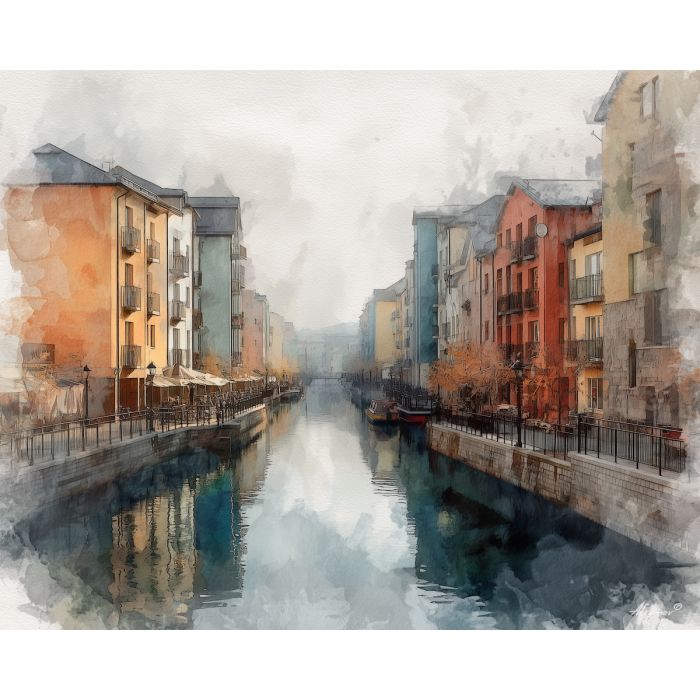 an, urban, view, of, a, dreamlike, canal, rendered, soft washes, pastel hues, natural flow, gentle gradients, atmospheric depth, textural blending, organic motion, diffused light, fine pigments, layered tones