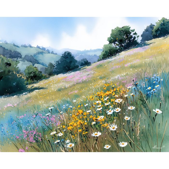 a, hillside, meadow, dotted, with, wildflowers, watercolor landscape, soft washes, pastel hues, natural scenery, gentle gradients, outdoor painting, light texture, soft foreground, distant horizon, atmospheric depth