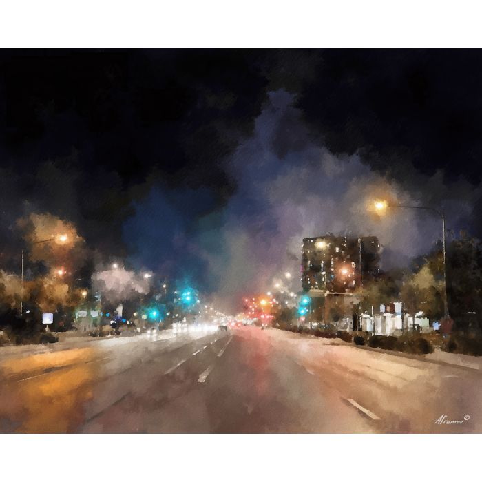 an, urban, view, of, a, nocturnal, boulevard, rendered, soft washes, pastel hues, natural flow, gentle gradients, atmospheric depth, textural blending, organic motion, diffused light, fine pigments, layered tones