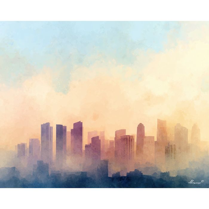 an, urban, view, of, a, hazy, skyline, rendered, soft washes, pastel hues, natural flow, gentle gradients, atmospheric depth, textural blending, organic motion, diffused light, fine pigments, layered tones