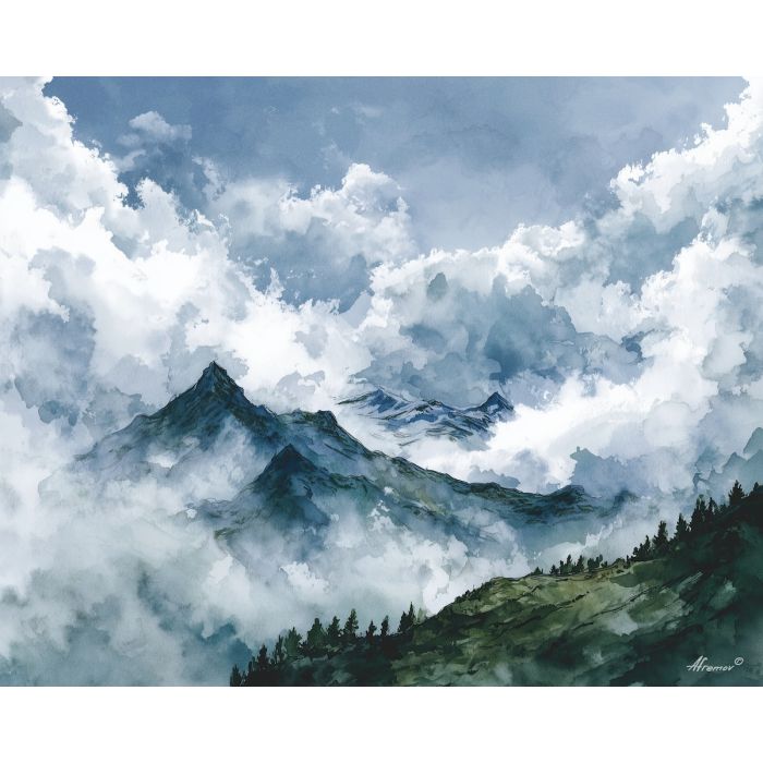 a, distant, ridgeline, rising, beneath, sweeping, clouds, watercolor landscape, soft washes, pastel hues, natural scenery, gentle gradients, outdoor painting, light texture, soft foreground, distant horizon, atmospheric depth