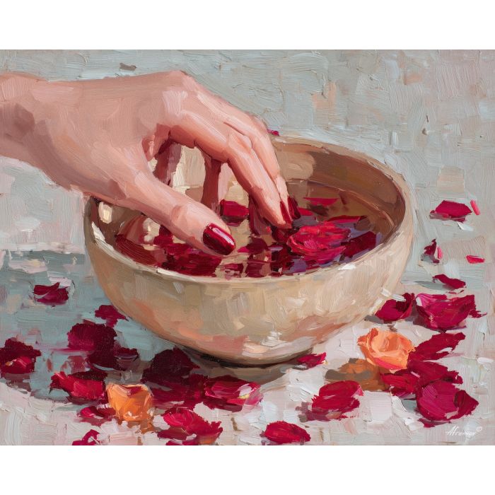 berry red nails, spa manicure painting, rose petal bowl art, warm water soak, red polish art, hand in bowl still life, spa beauty décor, manicure relaxation scene, rich red manicure, floral spa imagery, beauty treatment painting, hand care art, nail salon décor, rose petals aesthetic, soothing manicure art, warm beauty palette