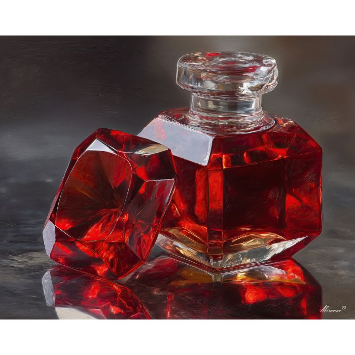 ruby nails, red manicure art, crystal reflection, faceted glass still life, bold red nails, luxury beauty art, glossy polish painting, striking manicure décor