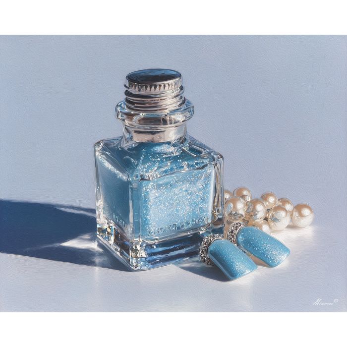 blue pastel nails, icy manicure, frosted glass still life, pearl accents art, cool blue palette, soft winter nails, elegant nail artwork, beauty décor painting