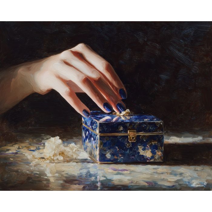 blue nail polish, sapphire manicure, electric blue nails, jewelry box art, luxurious nail scene, shimmering blue décor, glossy nail art painting, jewel-tone manicure, beauty décor art, bold blue palette, glam nails artwork, luxe nail imagery