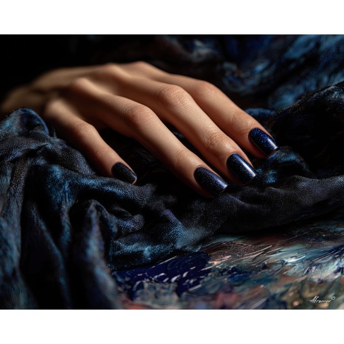navy nail polish, midnight manicure, deep blue nails art, elegant hand painting, indigo silk background, luxury manicure art, dark polish shine, oil painting nails, nighttime beauty palette, shimmering blue nails, sophisticated nail art scene, starlight reflections, elegant hand pose, beauty décor artwork, manicure close-up art, glamour nails style, deep blue aesthetic, silky background art, luxury beauty imagery