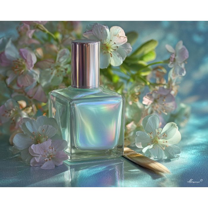 opalescent nails, pastel manicure, iridescent nail polish, soft shimmer nails, beauty bottle still life, elegant hand painting, pearlescent polish, luxury nail décor, manicure art, opal color palette, glowing pastel nails, delicate nail artwork, perfume bottle scene, beauty accessory painting, soft aesthetic décor