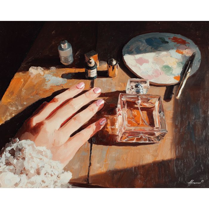 nude nails, sunlit manicure, warm daylight scene, beauty still life, glowing nail polish art, gentle nail color, natural manicure painting, elegant beauty décor