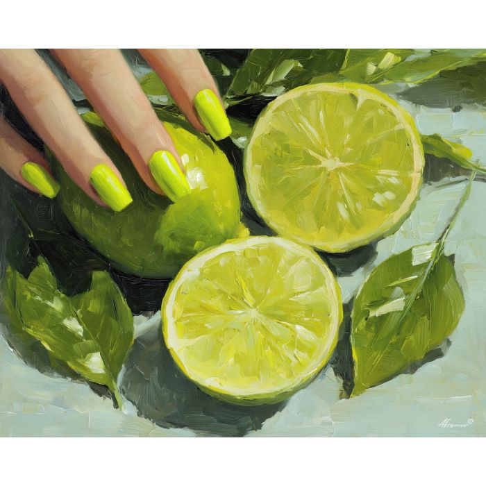 lime green nails, citrus manicure, bright nail art, green polish scene, fresh citrus painting, hand with lime nails, energetic color palette, beauty décor art, fruit-inspired nail art, vibrant nail painting, citrus slice still life, beauty product art, green aesthetic décor, refreshing manicure painting, spa and salon artwork, vivid polish scene, nature-inspired nails, botanical beauty art, colorful manicure décor